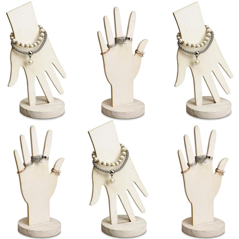 MOOCA 6 Pcs Real Wooden Hand Form Jewelry Display Set, 2 Way Design for Wall Hanging or Standalone Mannequin Finger Hand Display, Premium Real Wood Sturdy Base, Wash White Color - Image 1